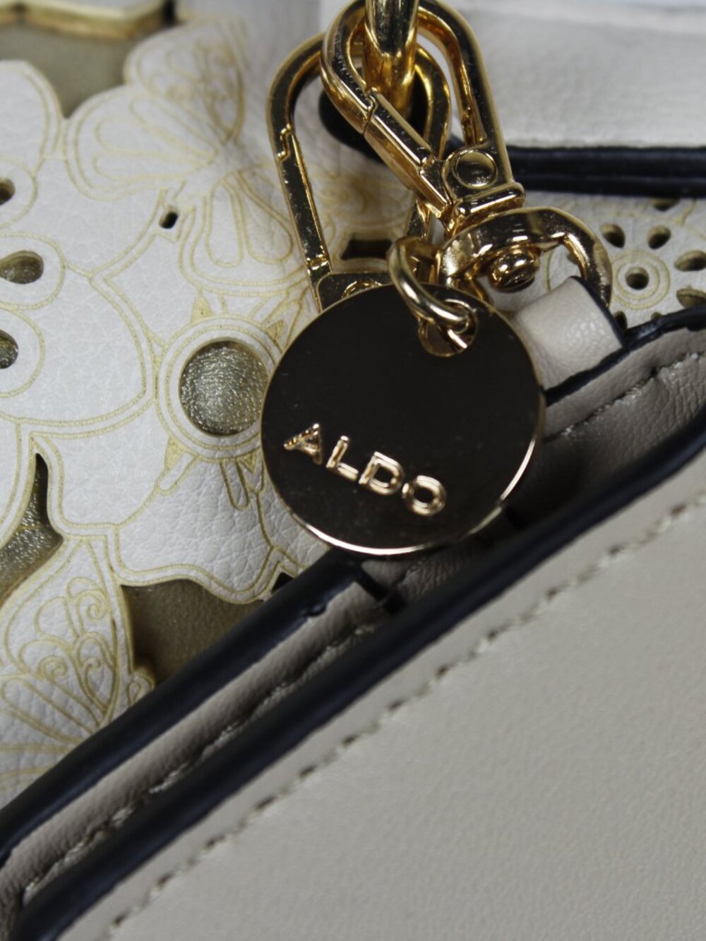 Aldo Beige Satchel Bag with Laser-Cut Floral Flap and Gold Chain - Picture 6 of 10